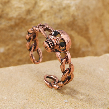 Halloween Skull Head Alloy Finger Rings, Curb Chain Open Cuff Ring for Unisex, Red Copper, Inner Diameter: 21mm