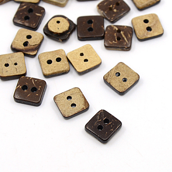 Coconut Buttons, 2-Hole, Square, Coconut Brown, 9.5x9.5x2.5mm, Hole: 1mm