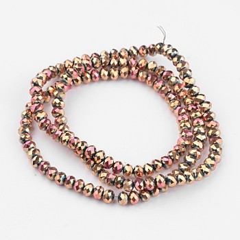 Electroplate Glass Bead Strands, Faceted, Rondelle, Rose Gold Plated, 4x3mm, Hole: 1mm, about 146pcs/strand, 18.8 inch