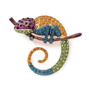 Alloy Enamel Brooches, with Rhinestone, Chameleon, Light Gold, Sandy Brown, 58x71x13mm, Hole: 6.8x6mm, Pin: 0.7mm