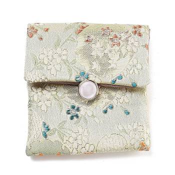 Flower Print Cloth Jewelry Storage Bags, with Plasitc Snap Buttons, Square, Honeydew, 10x9x1cm