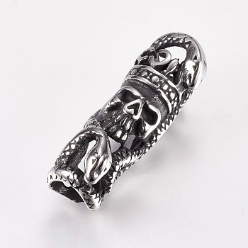 304 Stainless Steel Hollow Tube Beads, Snake and Skull, Large Hole Beads, Antique Silver, 32x10x12mm, Hole: 6.5mm