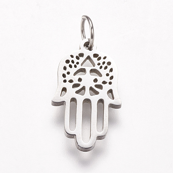 316 Surgical Stainless Steel Pendants, Hamsa Hand/Hand of Fatima/Hand of Miriam, Stainless Steel Color, 17x10x1.5mm, Hole: 3.5mm