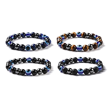 4Pcs Natural Gemstone and Evil Eye Resin Beads Stretch Bracelets Set for Women Men, Inner Diameter: 2-1/8 inch(5.3cm)