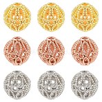 12Pcs 3 Colors Rack Plating Brass Hollow Beads, Cadmium Free & Lead Free, Round, Mixed Color, 8mm, Hole: 1.2mm, 4pcs/color(KK-YW0003-95)