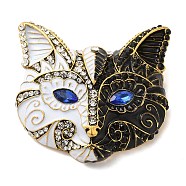 Cat Mask Alloy Rhinestone Brooch, Cat Enamel Pins, for Backpack Clothes, Black, White, 60x63.5x24mm(JEWB-R025-07A)