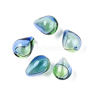 Transparent Handmade Blown Glass Globe Beads, Stripe Pattern, Teardrop, Lime Green, 19~23x14~17mm, Hole: 1~4mm(GLAA-T012-54B)