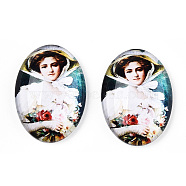 Glass Cabochons, with European Style Pattern, Oval, Floral White, 25x18x6mm(GGLA-T004-01-J)