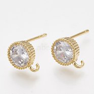 Brass Cubic Zirconia Stud Earring Findings, with Loop, Flat Round, Clear, Real 18K Gold Plated, 9.5x7mm, Hole: 1.4mm, Pin: 0.9mm(KK-T035-02)