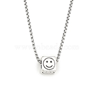 201 Stainless Steel Chain, Zinc Alloy Pendant Necklaces, Cube with Smiling Face, Antique Silver & Stainless Steel Color, 23.50 inch(59.7cm)(NJEW-C034-17P)