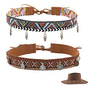 CHGCRAFT 2Pcs 2 Styles Polyester & Imitation Leather Woven Hat Belts, Bohemian Style Tassel Hat Bands, with Alloy Charms, Mixed Color, 1300x26~56mm, 1pc/style(AJEW-CA0004-13)