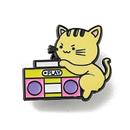 Cartoon Cat Shape Theme Black Alloy Brooches, Enamel Pins, Radio, 27x30mm(JEWB-A025-02C)