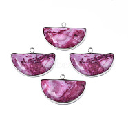 Natural Agate Pendants, with Brass Settings, Dyed, Half Round, Medium Violet Red, 25~26x37x7mm, Hole: 2mm(G-S359-385A)