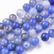 Natural Striped Agate/Banded Agate Beads Strands, Dyed & Heated, Round, Blue, 8mm, Hole: 1.4mm, about 50pcs/strand, 15.75 inch(40cm)(G-I261-C02-8mm)