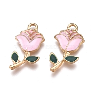 Alloy Enamel Pendants, for Valentine's Day, Rose Flowers, Golden, Pearl Pink, 22.5x12x2.5mm, Hole: 2mm(ENAM-I044-07A)