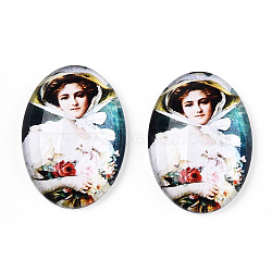 Glass Cabochons, with European Style Pattern, Oval, Floral White, 25x18x6mm(GGLA-T004-01-J)