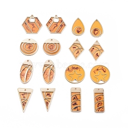 Epoxy Resin Pendants, with Golden Tone Alloy Findings, Flat Round with Star & Hexagon & Inverted Triangle & Rectangle & teardrop, & Oval & Flat Round & Rhombus, Goldenrod, 23~32x13~26.5x1.5~2mm, Hole: 0.8~3.5x5mm, 16pcs/set(RESI-X0001-08)