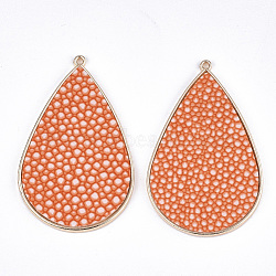 PU Leather Big Pendants, with Golden Plated Alloy Findings, teardrop, with Snakeskin Pattern, Dark Orange, 58x37x3mm, Hole: 1.6mm(FIND-S314-006D)