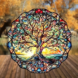 Flat Round Stained Acrylic Hanging Suncatchers, for Outdoor Garden Windows Decoration, Tree of Life, Pendant: 150x3mm(PW-WG69601-07)