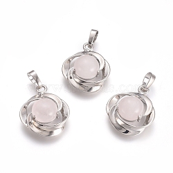 Natural Rose Quartz Pendants, with Platinum Tone Brass Findings, Flower, 24x19.4x9.8mm, Hole: 6x3.5mm(G-L512-K08)