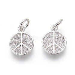 Brass Micro Pave Cubic Zirconia Charms, Lead Free & Cadmium Free, Clear, Peace Sign, Platinum, 11x9x2mm, Hole: 3mm(ZIRC-J021-02P-RS)