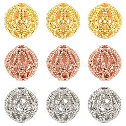 12Pcs 3 Colors Rack Plating Brass Hollow Beads, Cadmium Free & Lead Free, Round, Mixed Color, 8mm, Hole: 1.2mm, 4pcs/color(KK-YW0003-95)