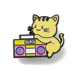 Cartoon Cat Shape Theme Black Alloy Brooches, Enamel Pins, Radio, 27x30mm(JEWB-A025-02C)