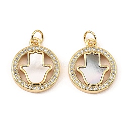 Brass Cubic Zirconia with Shell Pendants, Long-Lasting Plated, Lead Free & Cadmium Free, Flat Round, Real 18K Gold Plated, 18.5x15.5x3mm(KK-K342-17G)