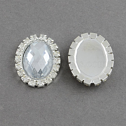 Shining Flat Back Faceted Oval Acrylic Rhinestone Cabochons, with Grade A Crystal Rhinestones and Brass Cabochon Settings, Silver Color Plated Metal Color, Clear, 25x20x5mm(RB-S020-08-B06)