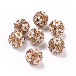 Polymer Clay Rhinestone Beads, Pave Disco Ball Beads, Round with Flower, Lt.Col.Topaz, 16mm, Hole: 1.6~1.8mm(RB-L029-03A)