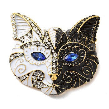 Cat Mask Alloy Rhinestone Brooch, Cat Enamel Pins, for Backpack Clothes, Black, White, 60x63.5x24mm