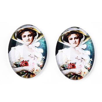 Glass Cabochons, with European Style Pattern, Oval, Floral White, 25x18x6mm