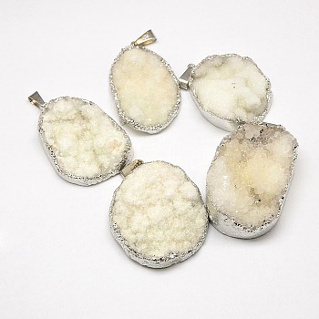 Electroplate Rough Gemstone Natural Druzy Crystal Pendants, with Brass Findings, Silver Color Plated, Nuggets, White, 35~50x25~40x6~25mm, Hole: 4x9mm