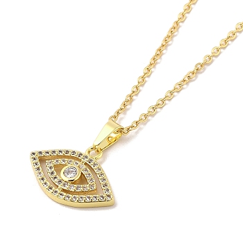 304 Stainless Steel Pendant Necklaces, Brass Micro Pave Cubic Zirconia Pendant Necklaces, Horse Eye, 17.91 inch(45.5cm), 14.5x19.5mm