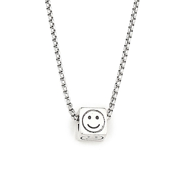 201 Stainless Steel Chain, Zinc Alloy Pendant Necklaces, Cube with Smiling Face, Antique Silver & Stainless Steel Color, 23.50 inch(59.7cm)