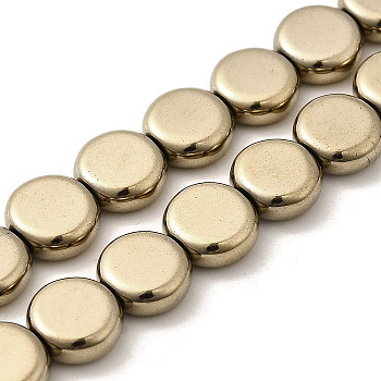 Electroplated Synthetic Non-magnetic Hematite Beads Strands, Flat Round, Light Gold Plated, 9.5x3.5mm, Hole: 1.2mm, about 44pcs/strand, 15.55''(39.5cm)