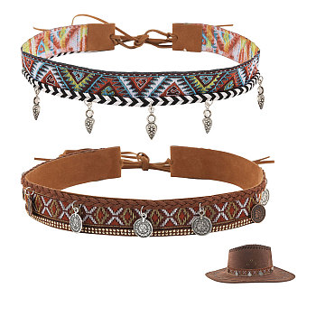 CHGCRAFT 2Pcs 2 Styles Polyester & Imitation Leather Woven Hat Belts, Bohemian Style Tassel Hat Bands, with Alloy Charms, Mixed Color, 1300x26~56mm, 1pc/style