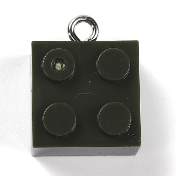 Resin Pendants, with Platinum Iron Loop, Toy Bricks, Dark Olive Green, 21x15.5x11mm, Hole: 2.6mm