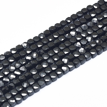 Natural Black Spinel Beads Strands, Faceted, Cube, 3~4x3~4x3~4mm, Hole: 0.6mm, about 98~108 pcs/Strand, 15.55 inch(39.5cm)