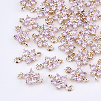 Transparent Glass Links connectors, with Brass Findings, Faceted, Flower, Light Gold, Pearl Pink, 12.5x8x4mm, Hole: 1.4mm