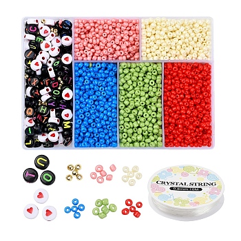 DIY Jewelry Making Kits, Including 8/0 Baking Paint Glass Round Seed Beads, Round ABS Plastic Beads, Flat Round Craft & Opaque Acrylic Beads, Elastic Crystal Thread, Mixed Color, Beads: 3200pcs/set