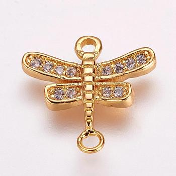 Brass Micro Pave Cubic Zirconia Links, Dragonfly, Golden, 13x13.5x2mm, Hole: 1mm