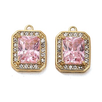 Real 14K Gold Plated 304 Stainless Steel Pendants, with Glass Rhinestone, Rectangle Charms, Pink, 15.5x11.5x5mm, Hole: 1.2mm