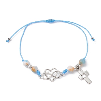 Natural Dyed White Jade Braided Bead Bracelets, Adjustable Heart Alloy Link Bracelets for Women, Deep Sky Blue, Inner Diameter: 3/4~3-3/8 inch(8.5cm)