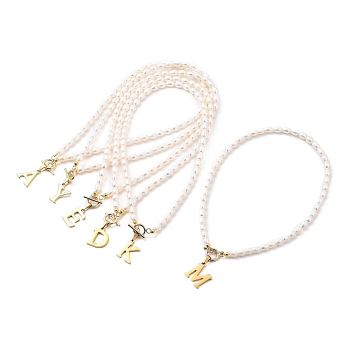 304 Stainless Steel Pendant Necklaces, with Natural Cultured Freshwater Pearl Beads and Toggle Clasps, Letter, Golden, Random Mixed Letters, 15.94 inch(40.5cm), Letter: 19.5~20x14.5~18x1.5mm