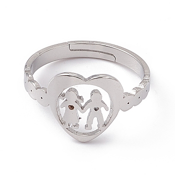 201 Stainless Steel Heart with Lovers Adjustable Ring for Valentine's Day, Stainless Steel Color, US Size 6 1/4(16.7mm)