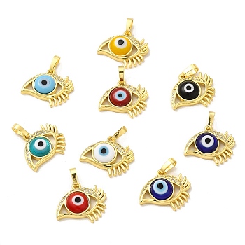 Rack Plating Brass Micro Pave Clear Cubic Zirconia Pendants, with Handmade Evil Eye Lampwork, Cadmium Free & Lead Free, Long-Lasting Real 18K Gold Plated, Eye Charm, Mixed Color, 17x19.5x5mm, Hole: 6x3mm