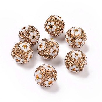 Polymer Clay Rhinestone Beads, Pave Disco Ball Beads, Round with Flower, Lt.Col.Topaz, 16mm, Hole: 1.6~1.8mm