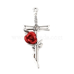 Alloy Plastic Pendant Rhinestone Settings, Sword & Rose Charms, Antique Silver, 46.5x19.5x5mm, Hole: 1.5mm, Fit for 1.6mm Rhinestone(AL-CBA5334-04AS)