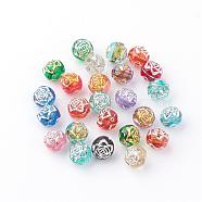 Plating Acrylic Beads, Metal Enlaced, Round with Flower, Mixed Color, 8mm, Hole: 1.5mm, about 1800pcs/500g(MACR-Q001-13)